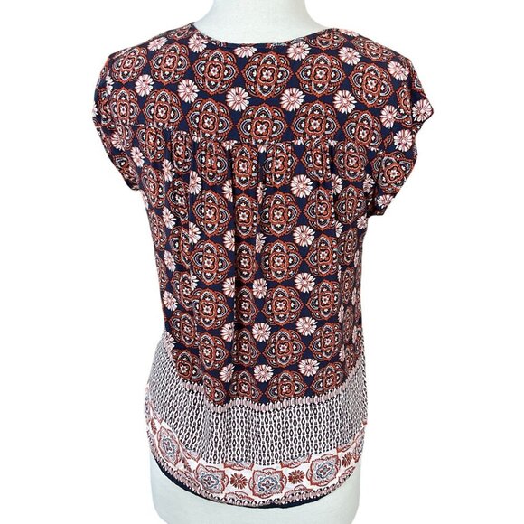 Daniel Rainn Cap Sleeve Tassels Tie Neck Pullover Medallion Print Blouse Medium - Picture 5 of 9